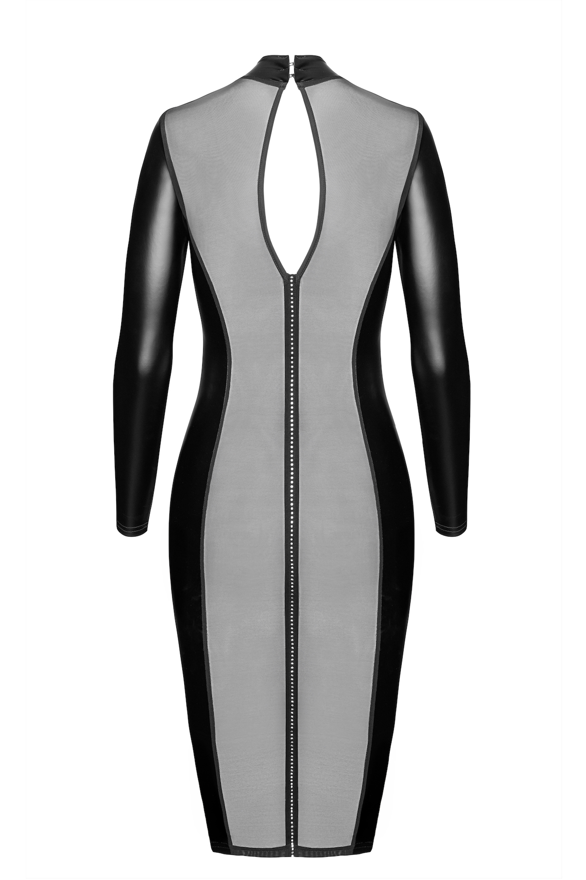 Detail van mesh achterkant met strass steentjes – luxe wetlook jurk van Miss Colbi